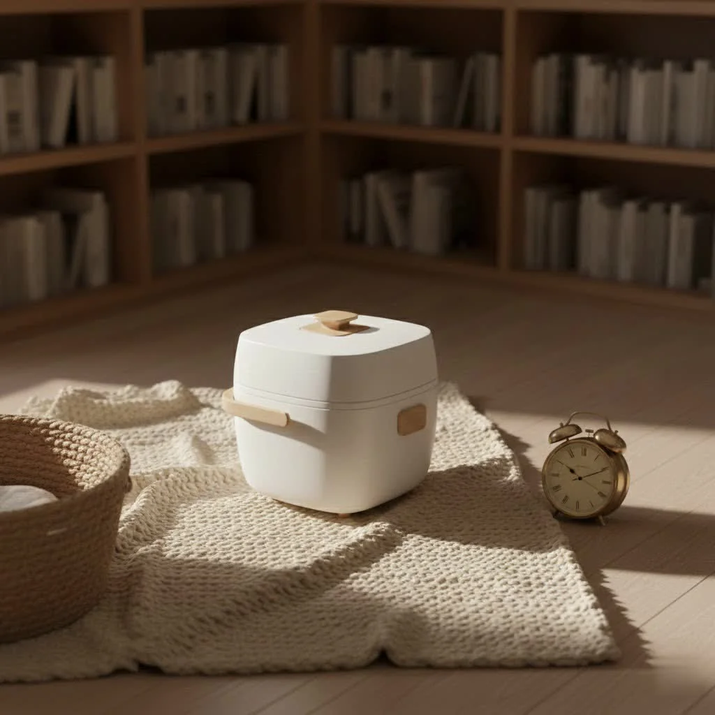 Modern rice cooker with steam escaping