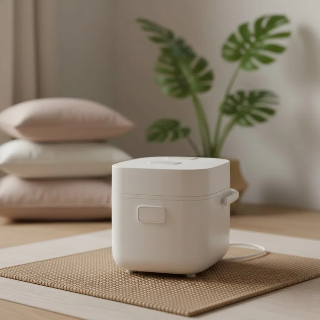 Compact rice cooker on a kitchen counter