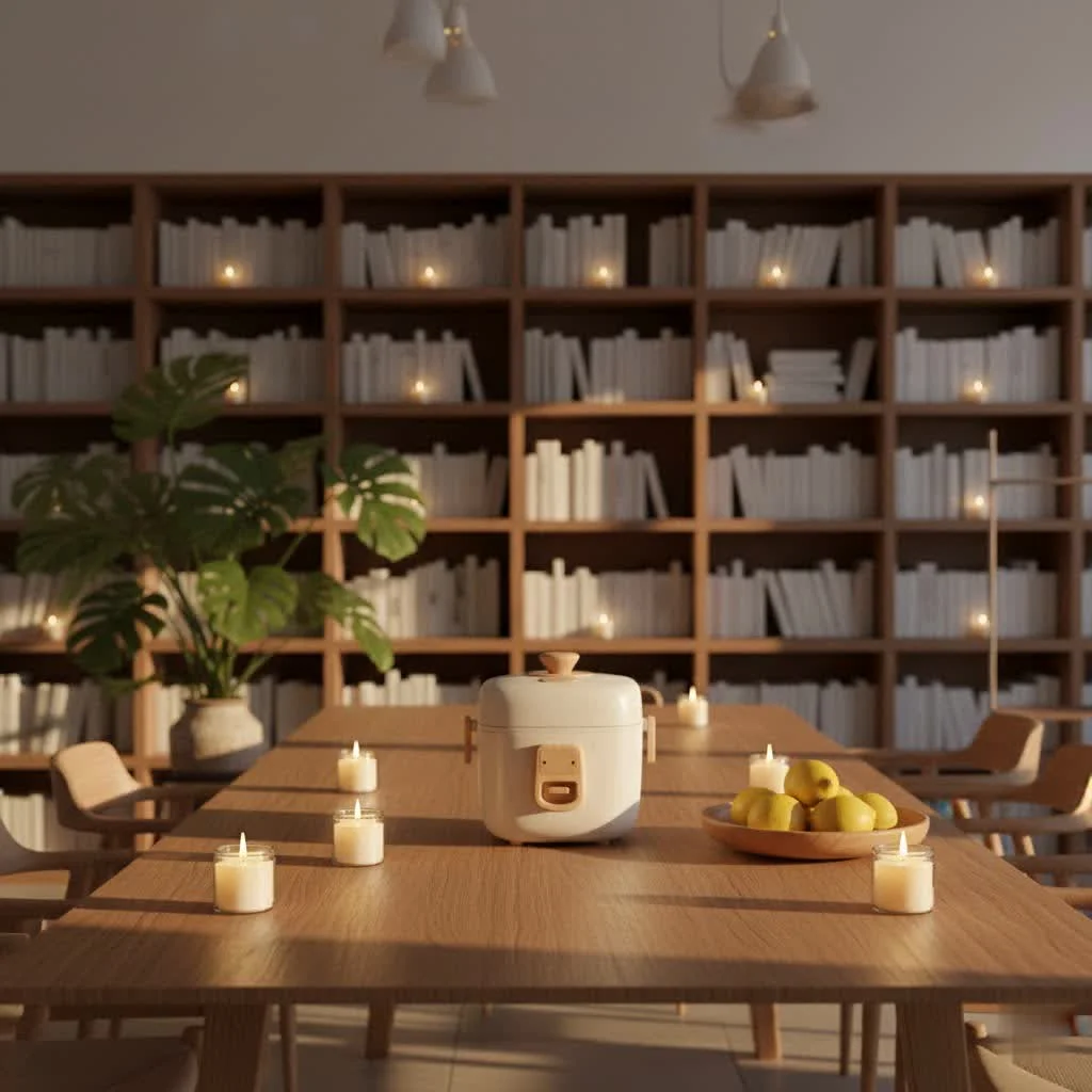 Close-up of a modern rice cooker with steam escaping