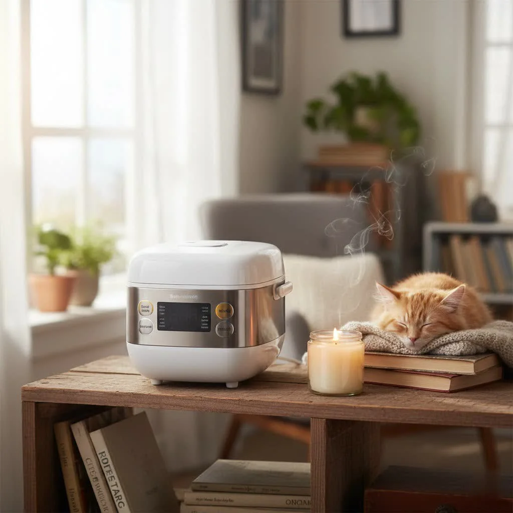 A modern 6-cup rice cooker with a steaming basket