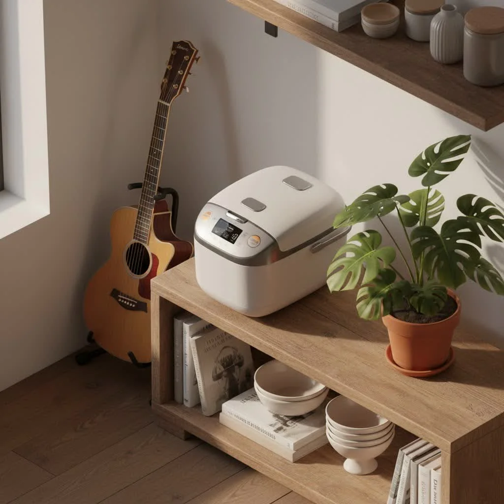 Microwave rice cooker with cooked rice and a serving paddle