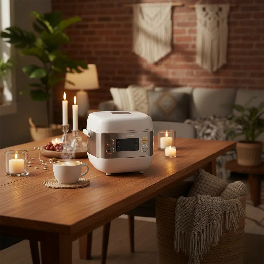 Compact miniature rice cooker on a kitchen counter