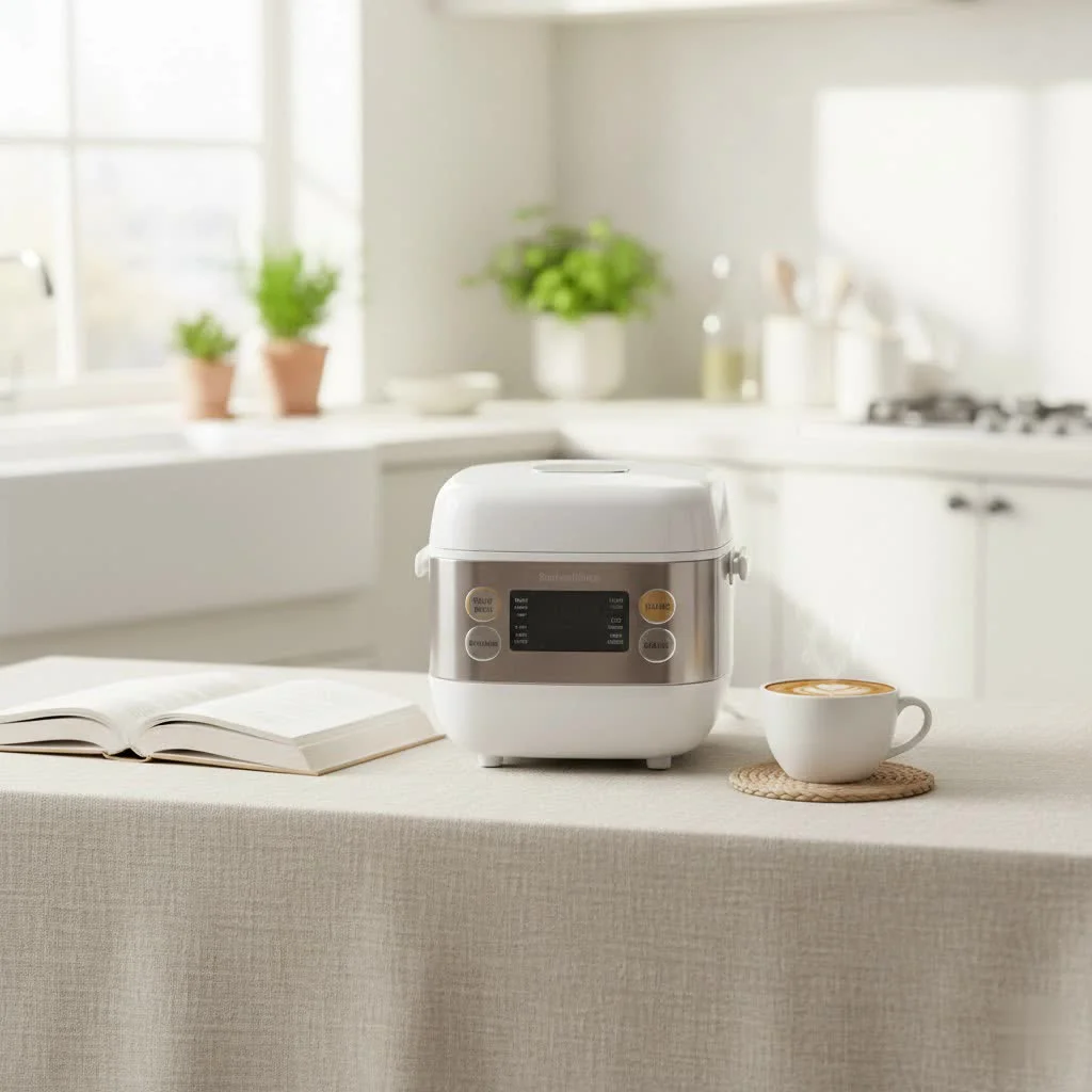 Oster rice cooker with a steaming basket and cooked rice