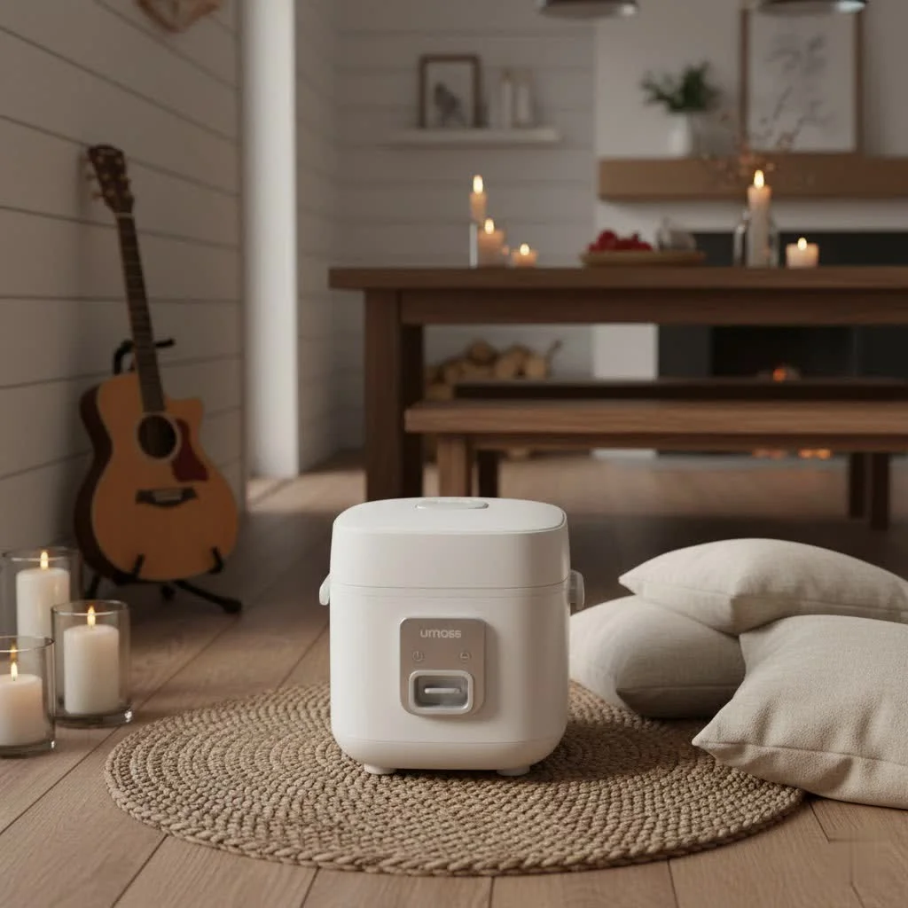 Basic rice cooker with a bowl of fluffy white rice