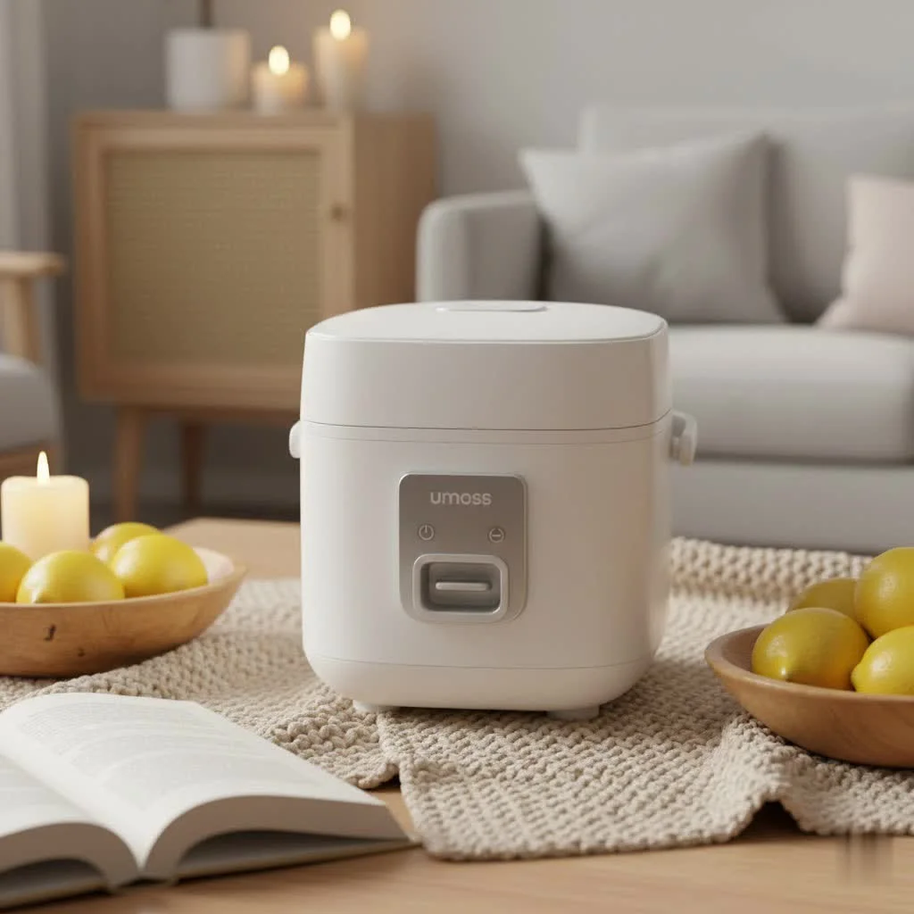 Stainless steel rice cooker with a bowl of fluffy white rice