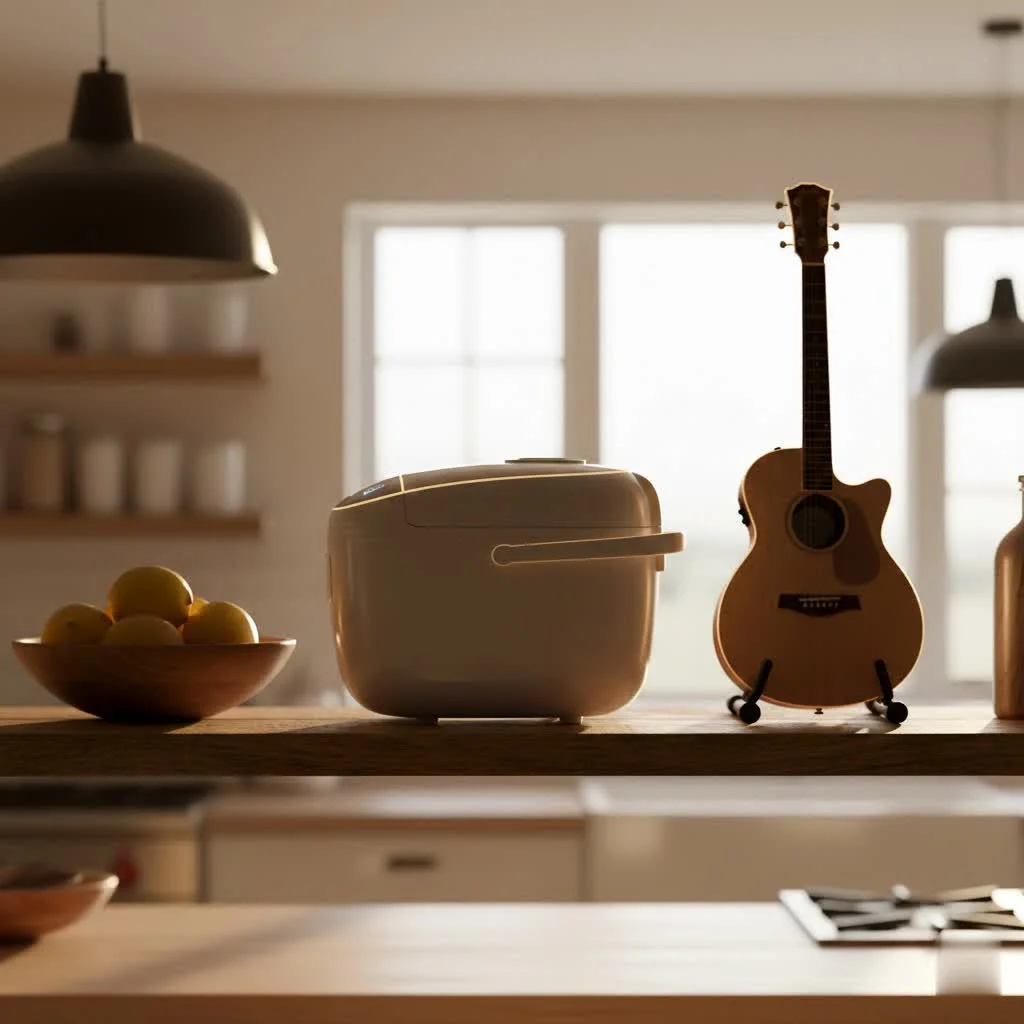 Close-up of a modern rice cooker preparing a batch of fluffy white rice