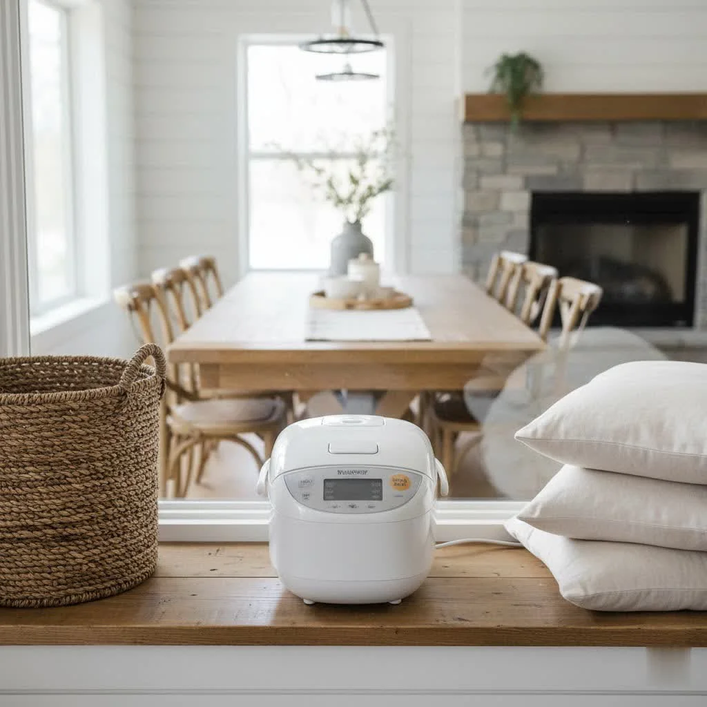 Modern rice cooker with a digital display and a bowl of fluffy white rice
