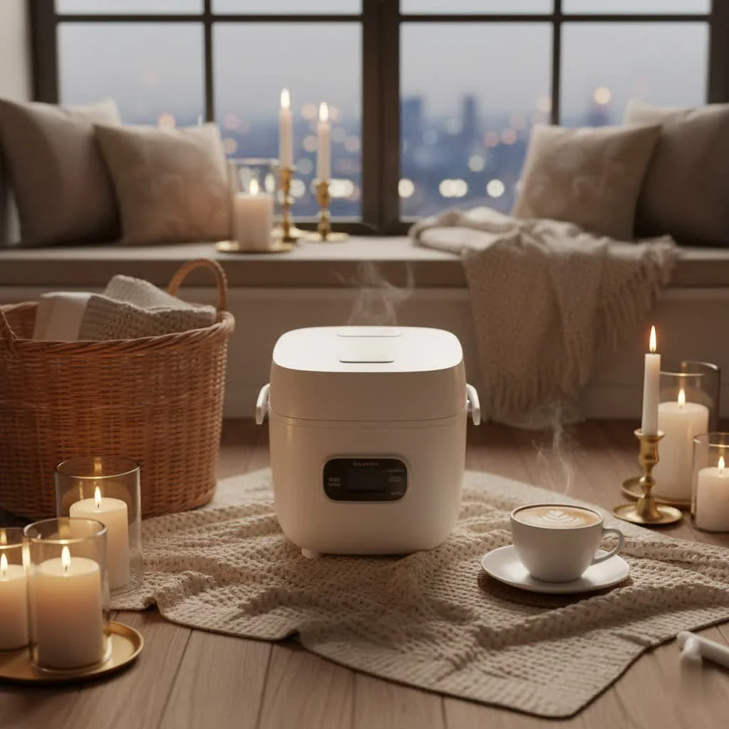 A modern multi-cooker with a digital display and various cooking functions