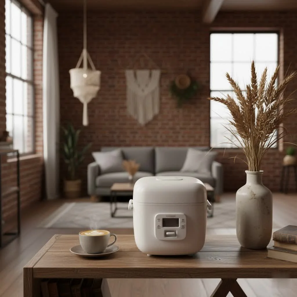 A modern rice cooker with a digital display and a bowl of perfectly cooked white rice next to it.