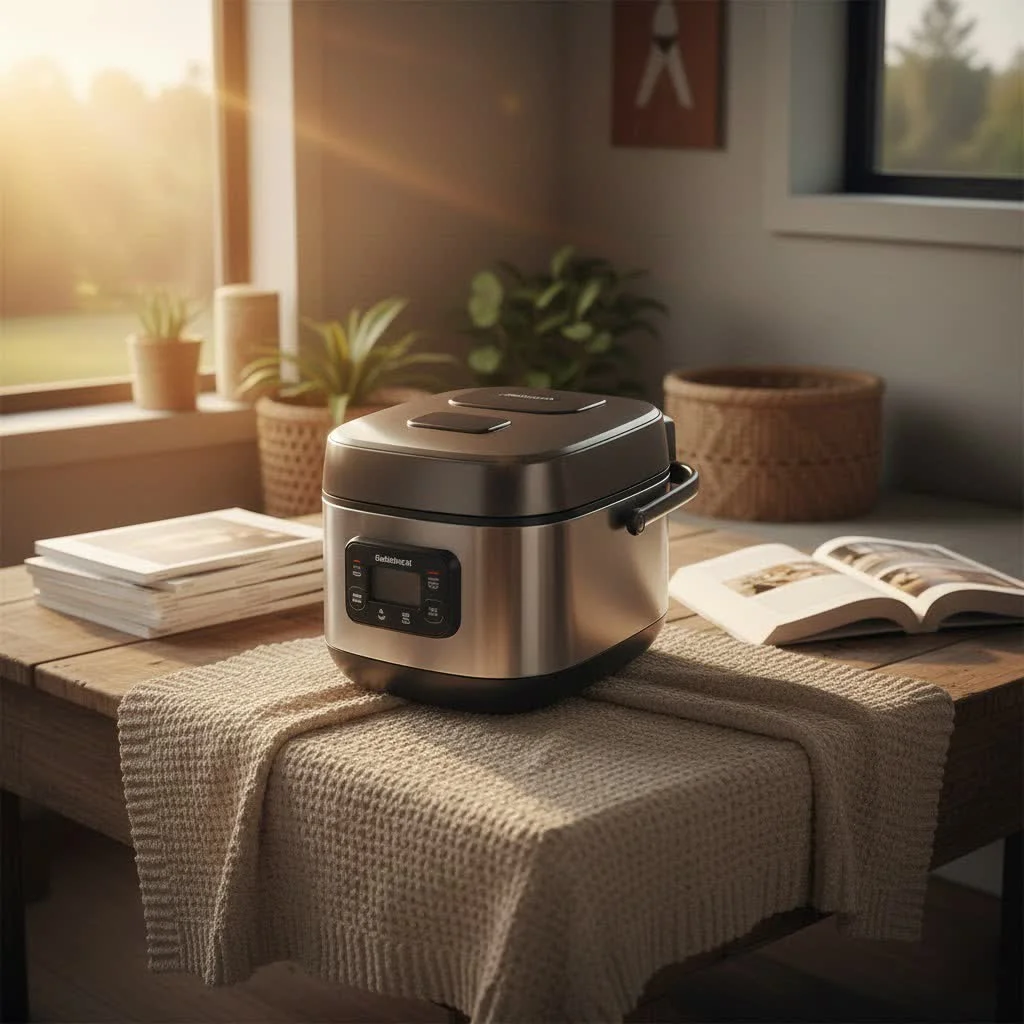 Rice cooker with steamer preparing a healthy meal