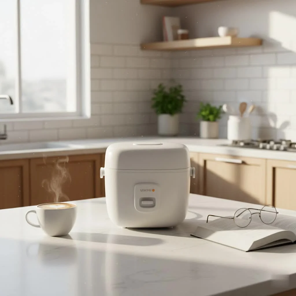 Electric rice cooker with a bowl of fluffy white rice